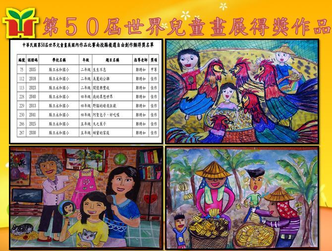 恭喜本校黃威豪同學參加「中華民國第五十屆世界兒童畫展」南投縣複選榮獲甲等，宋田瓅等7位同學榮獲佳作，也感謝Alice老師的指導。